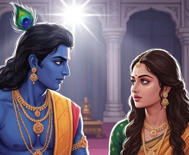 Krishna and Draupadi having a deep conversation in a royal chamber, reflecting on destiny and karma, with an air of wisdom and compassion