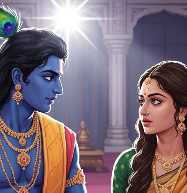 Krishna and Draupadi having a deep conversation in a royal chamber, reflecting on destiny and karma, with an air of wisdom and compassion