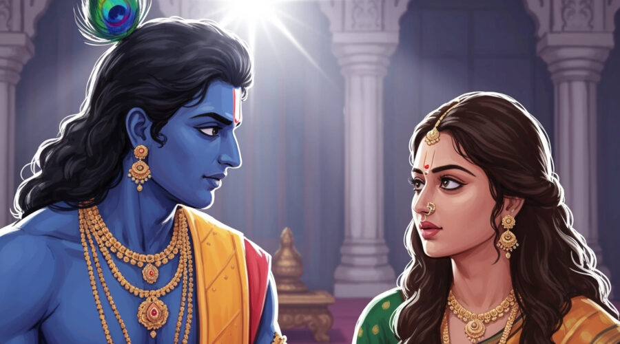 Krishna and Draupadi having a deep conversation in a royal chamber, reflecting on destiny and karma, with an air of wisdom and compassion