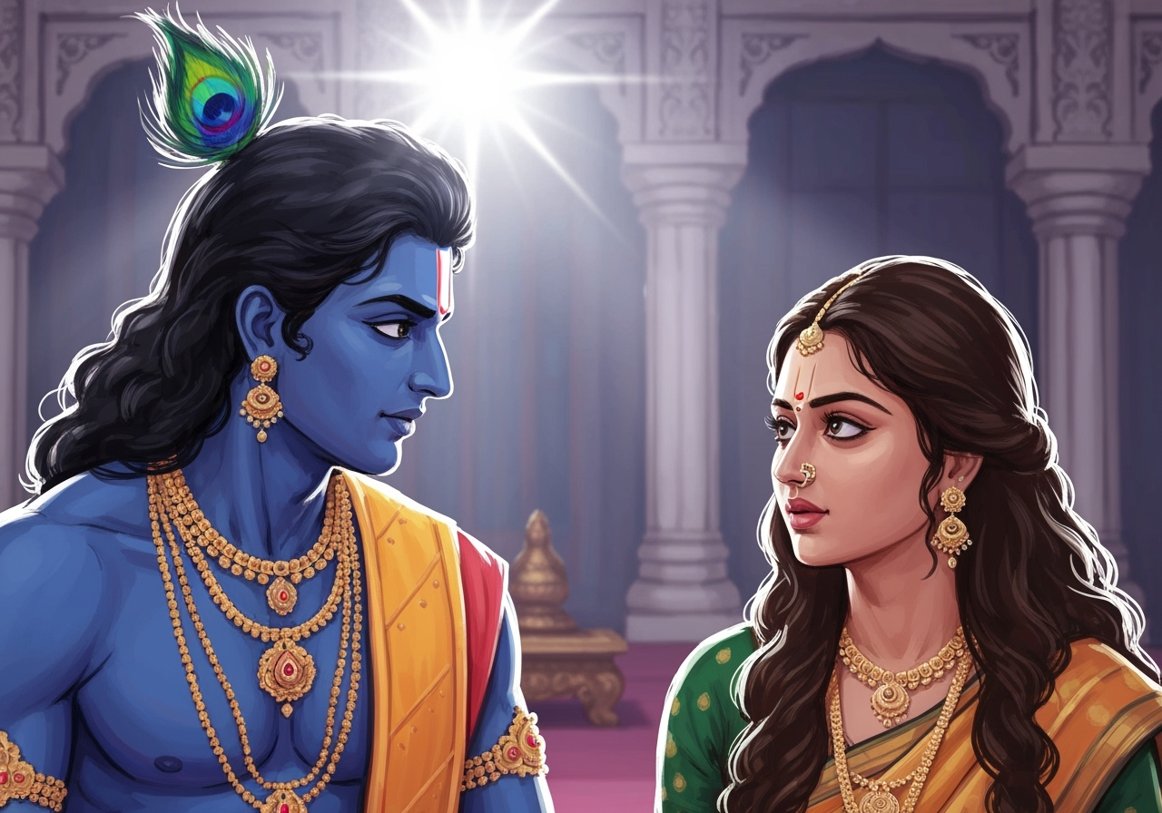 Krishna and Draupadi having a deep conversation in a royal chamber, reflecting on destiny and karma, with an air of wisdom and compassion