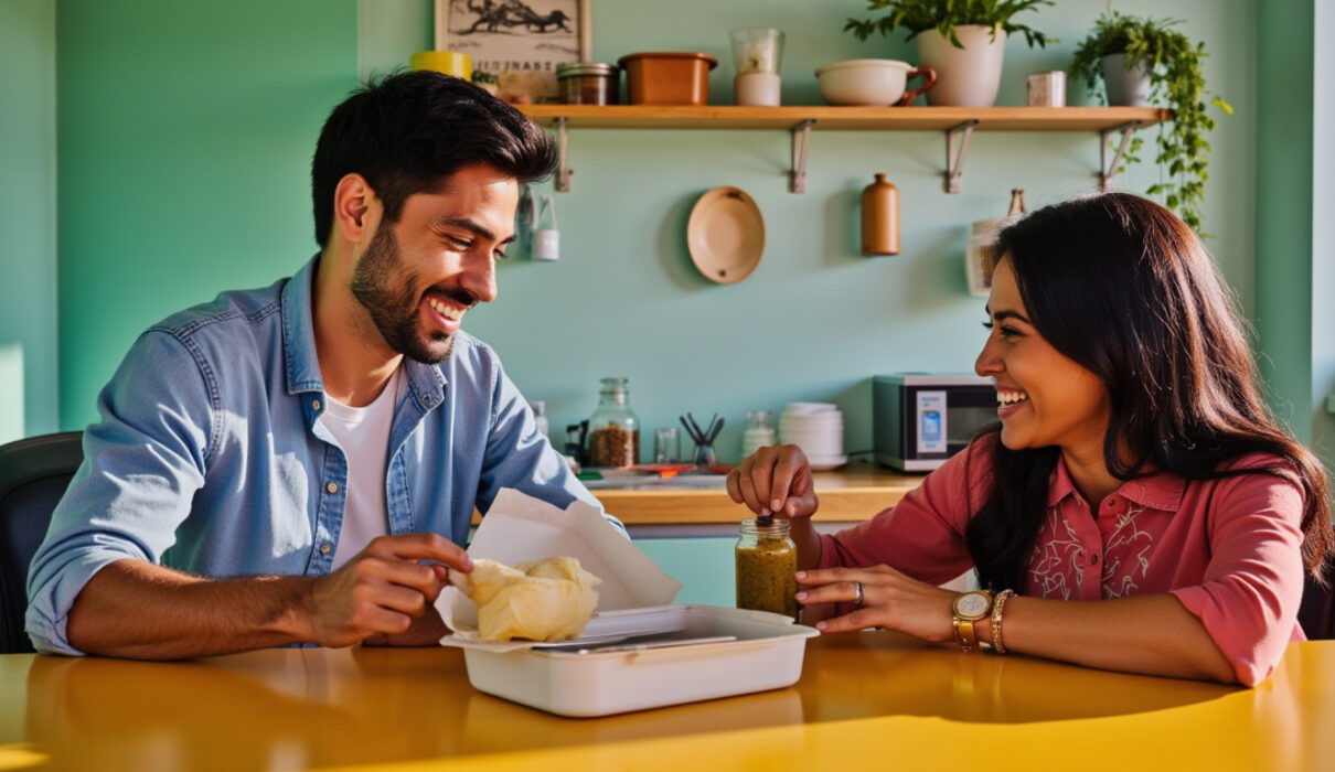 Funny scene in an Indian office cafeteria with employees laughing around a lunchbox and pickle jars.