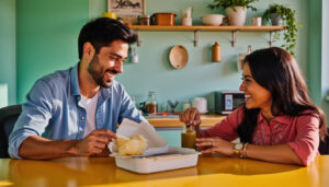 Funny scene in an Indian office cafeteria with employees laughing around a lunchbox and pickle jars.