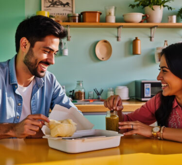 Funny scene in an Indian office cafeteria with employees laughing around a lunchbox and pickle jars.