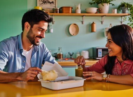 Funny scene in an Indian office cafeteria with employees laughing around a lunchbox and pickle jars.
