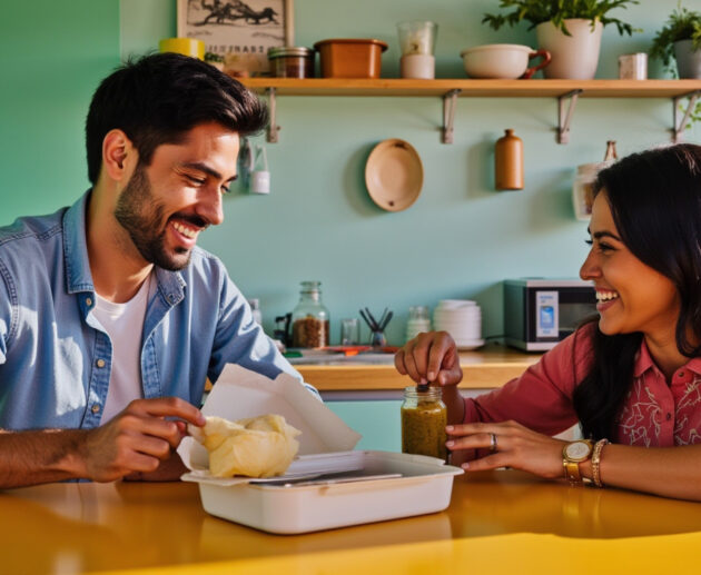 Funny scene in an Indian office cafeteria with employees laughing around a lunchbox and pickle jars.