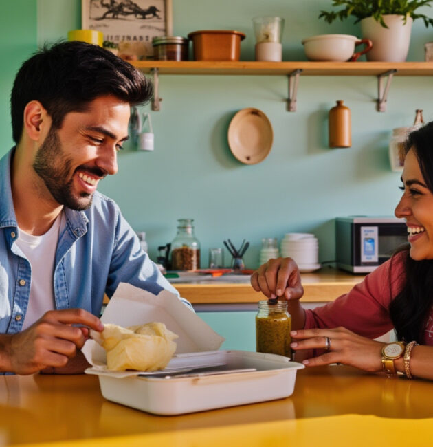 Funny scene in an Indian office cafeteria with employees laughing around a lunchbox and pickle jars.