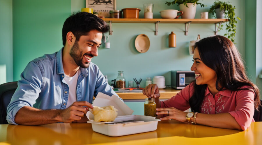 Funny scene in an Indian office cafeteria with employees laughing around a lunchbox and pickle jars.