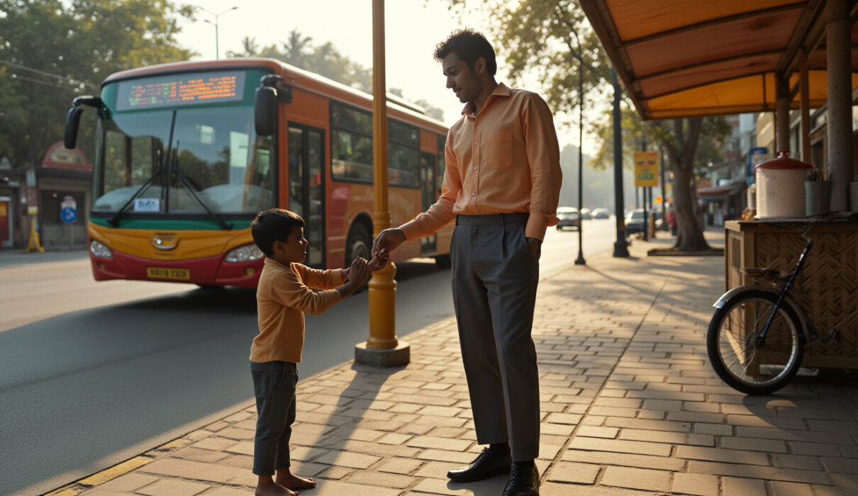 Indian man giving his last coin to a hungry boy at a Mumbai bus stop