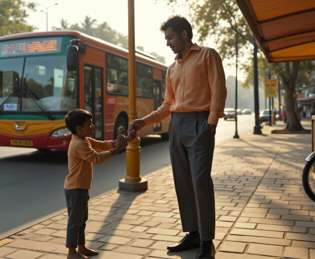 Indian man giving his last coin to a hungry boy at a Mumbai bus stop
