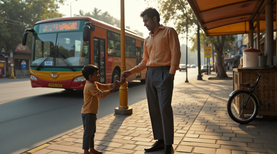 Indian man giving his last coin to a hungry boy at a Mumbai bus stop