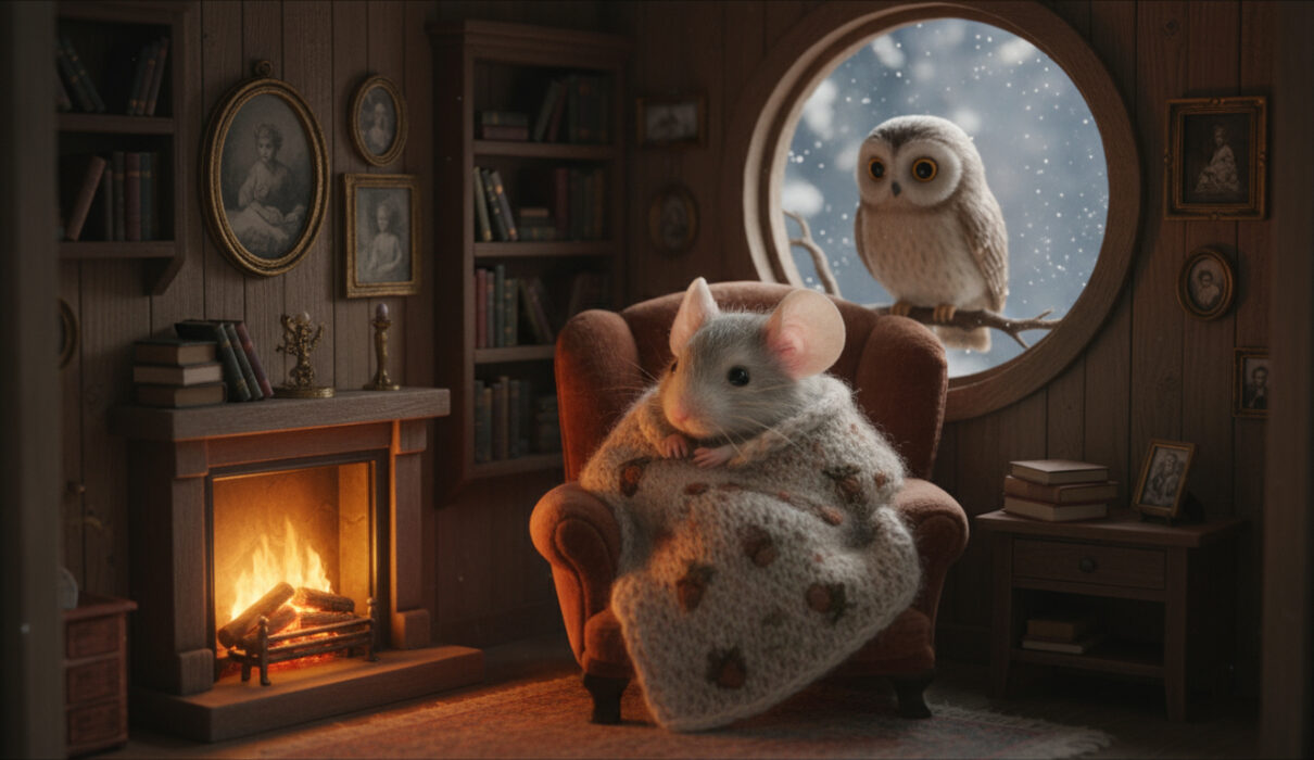 A small mouse in a cozy house wrapping himself in a blanket while an owl watches from a window.
