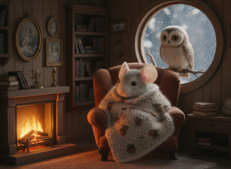 A small mouse in a cozy house wrapping himself in a blanket while an owl watches from a window.