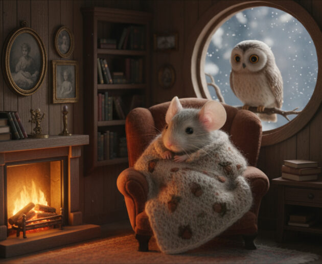 A small mouse in a cozy house wrapping himself in a blanket while an owl watches from a window.