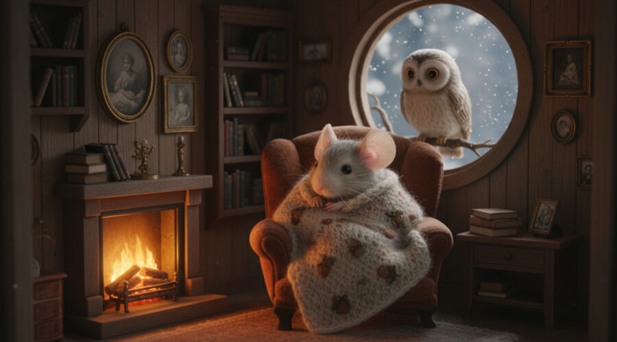 A small mouse in a cozy house wrapping himself in a blanket while an owl watches from a window.