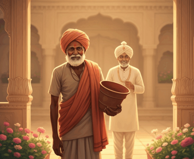 Indian gardener holding an empty pot during a flower contest