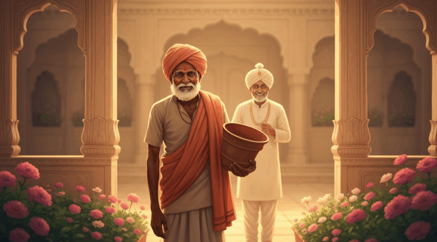 Indian gardener holding an empty pot during a flower contest