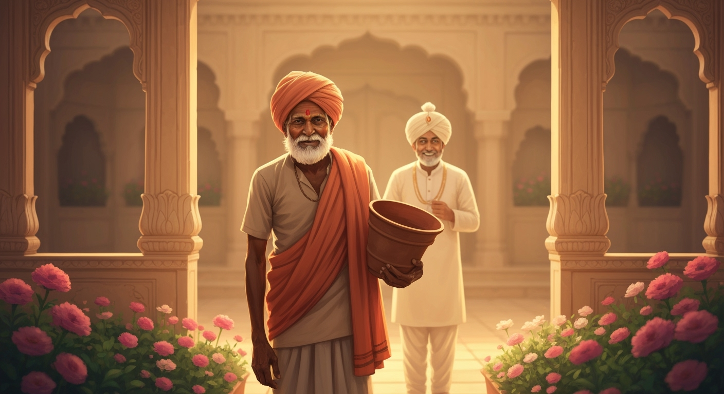 Indian gardener holding an empty pot during a flower contest
