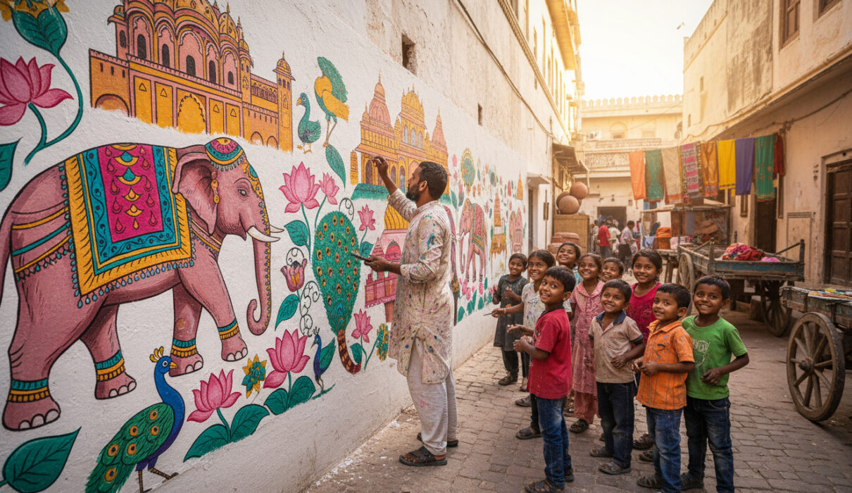 Indian painter smiling while children watch him paint colorful walls, inspirational story setting.