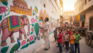 Indian painter smiling while children watch him paint colorful walls, inspirational story setting.
