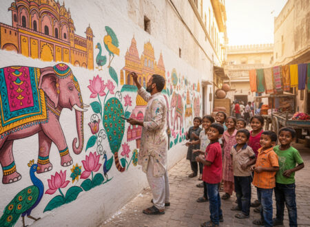 Indian painter smiling while children watch him paint colorful walls, inspirational story setting.