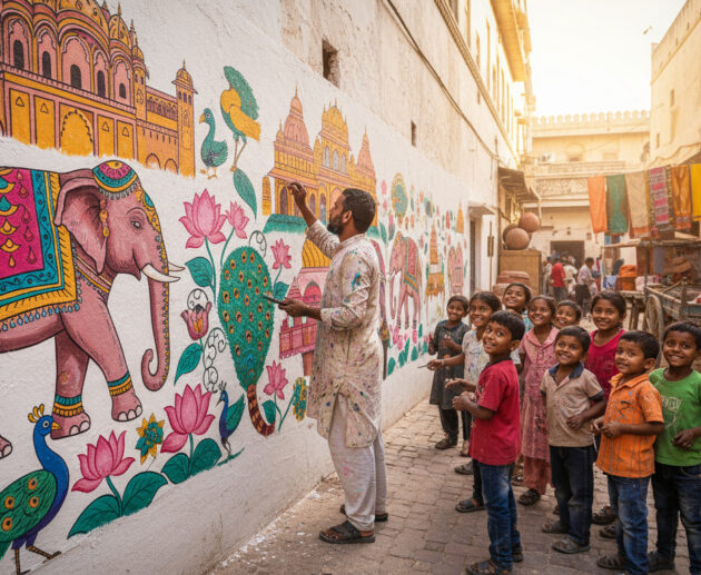 Indian painter smiling while children watch him paint colorful walls, inspirational story setting.