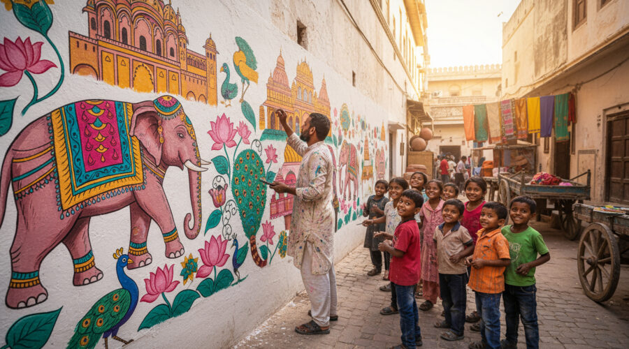 Indian painter smiling while children watch him paint colorful walls, inspirational story setting.