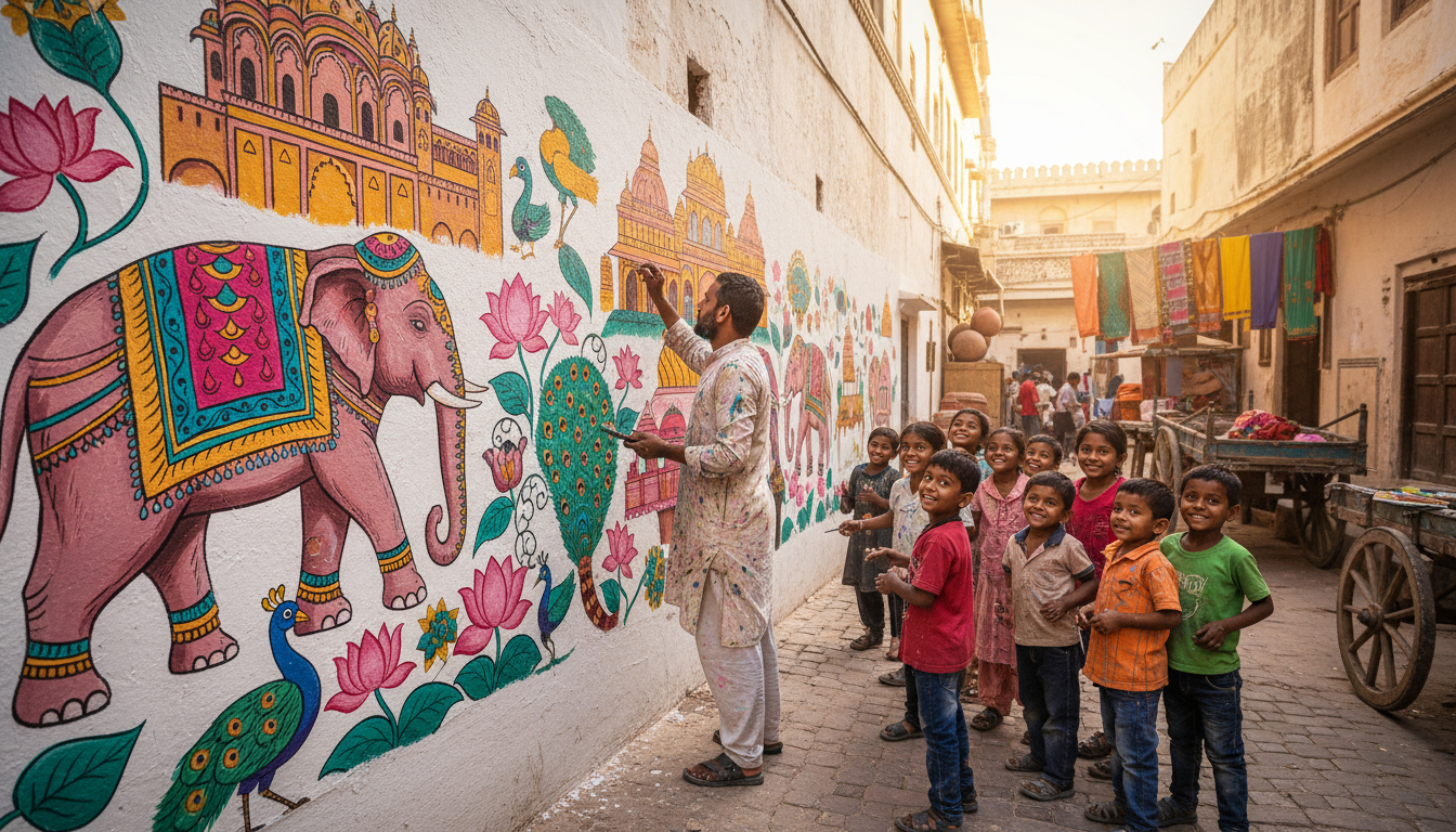Indian painter smiling while children watch him paint colorful walls, inspirational story setting.