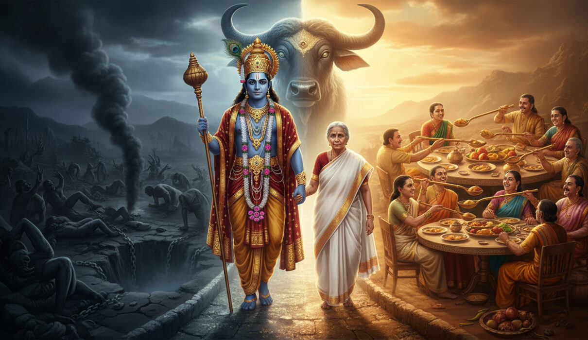 Yamraj showing an old Indian woman the difference between Heaven and Hell — people sharing kheer together.