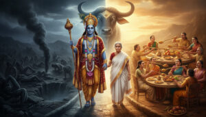 Yamraj showing an old Indian woman the difference between Heaven and Hell — people sharing kheer together.