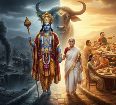 Yamraj showing an old Indian woman the difference between Heaven and Hell — people sharing kheer together.