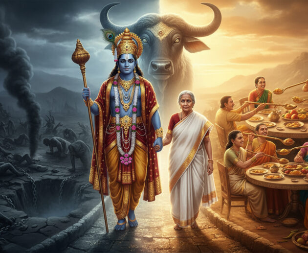 Yamraj showing an old Indian woman the difference between Heaven and Hell — people sharing kheer together.