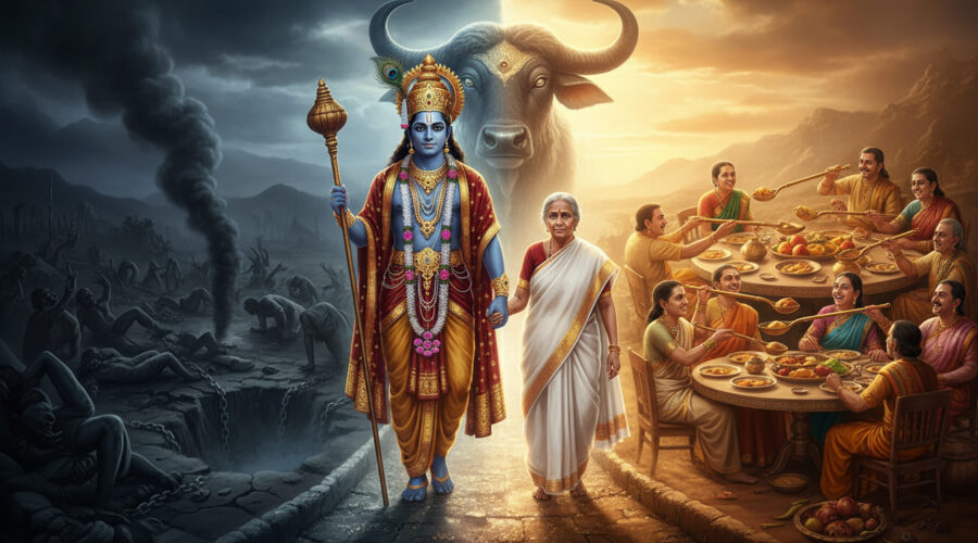 Yamraj showing an old Indian woman the difference between Heaven and Hell — people sharing kheer together.