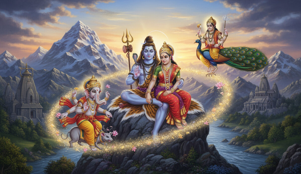 Lord Ganesha bowing before Lord Shiva and Goddess Parvati while Kartikeya stands beside them.