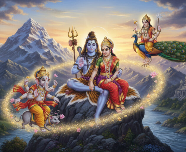 Lord Ganesha bowing before Lord Shiva and Goddess Parvati while Kartikeya stands beside them.