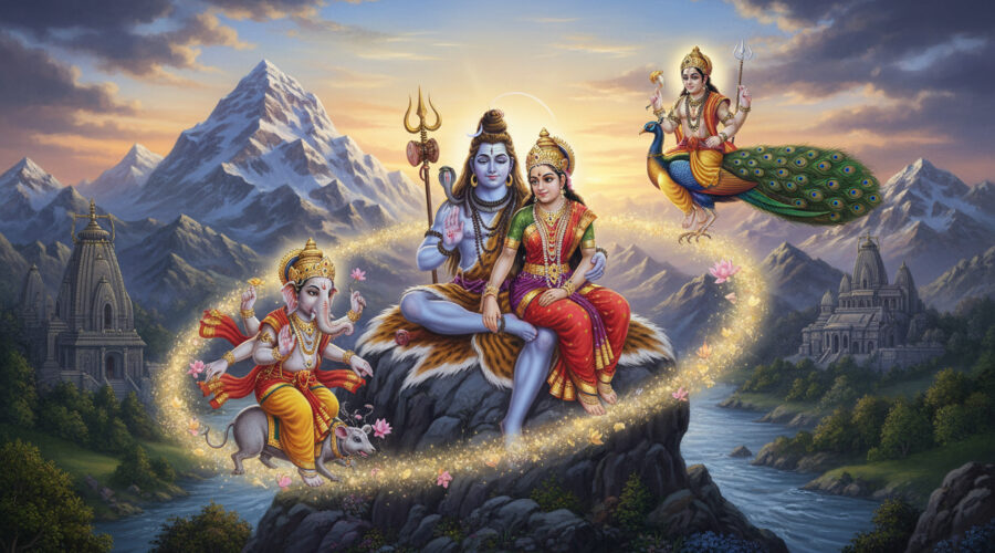 Lord Ganesha bowing before Lord Shiva and Goddess Parvati while Kartikeya stands beside them.