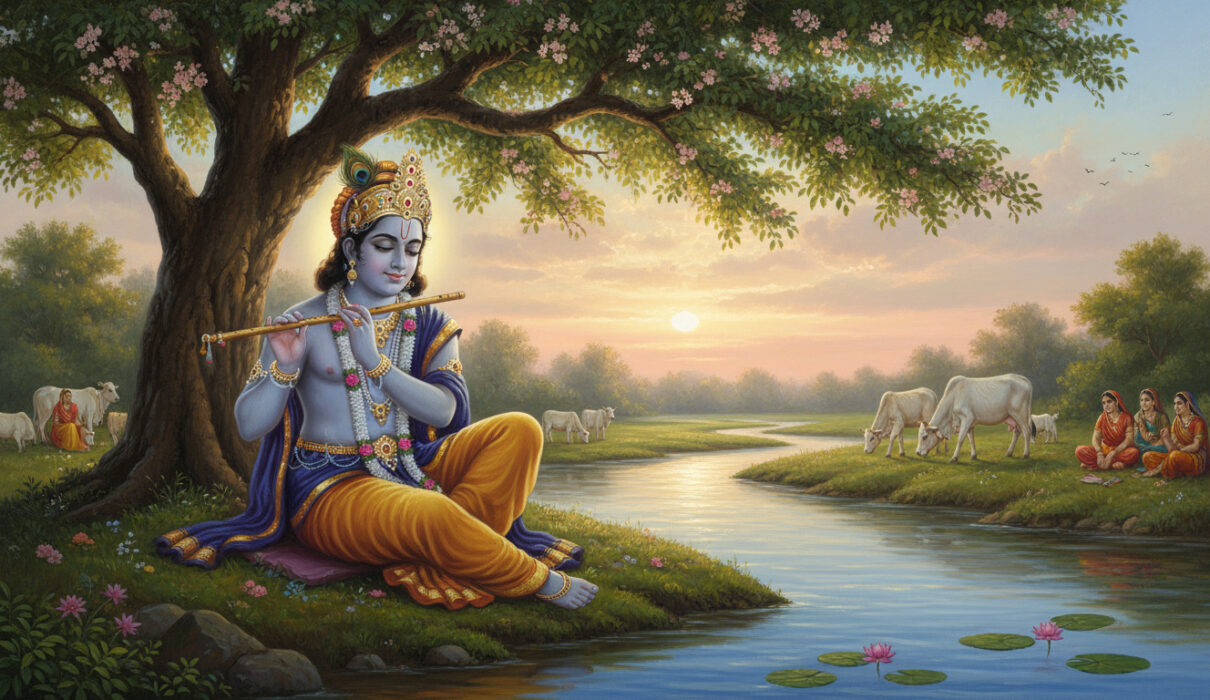 Lord Krishna playing His flute under a tree by the Yamuna river, Indian mythological story scene.