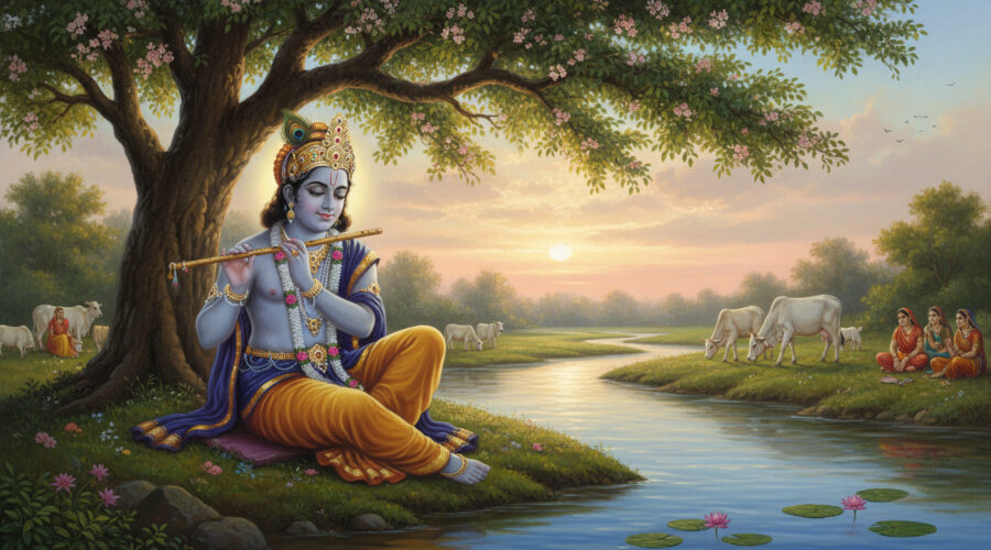Lord Krishna playing His flute under a tree by the Yamuna river, Indian mythological story scene.