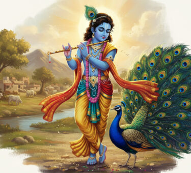 Lord Krishna wearing a peacock feather on His crown, blessing a peacock in Gokul under soft golden light.