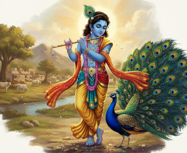 Lord Krishna wearing a peacock feather on His crown, blessing a peacock in Gokul under soft golden light.