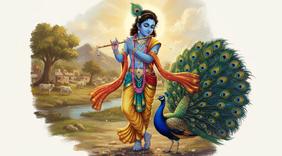 Lord Krishna wearing a peacock feather on His crown, blessing a peacock in Gokul under soft golden light.