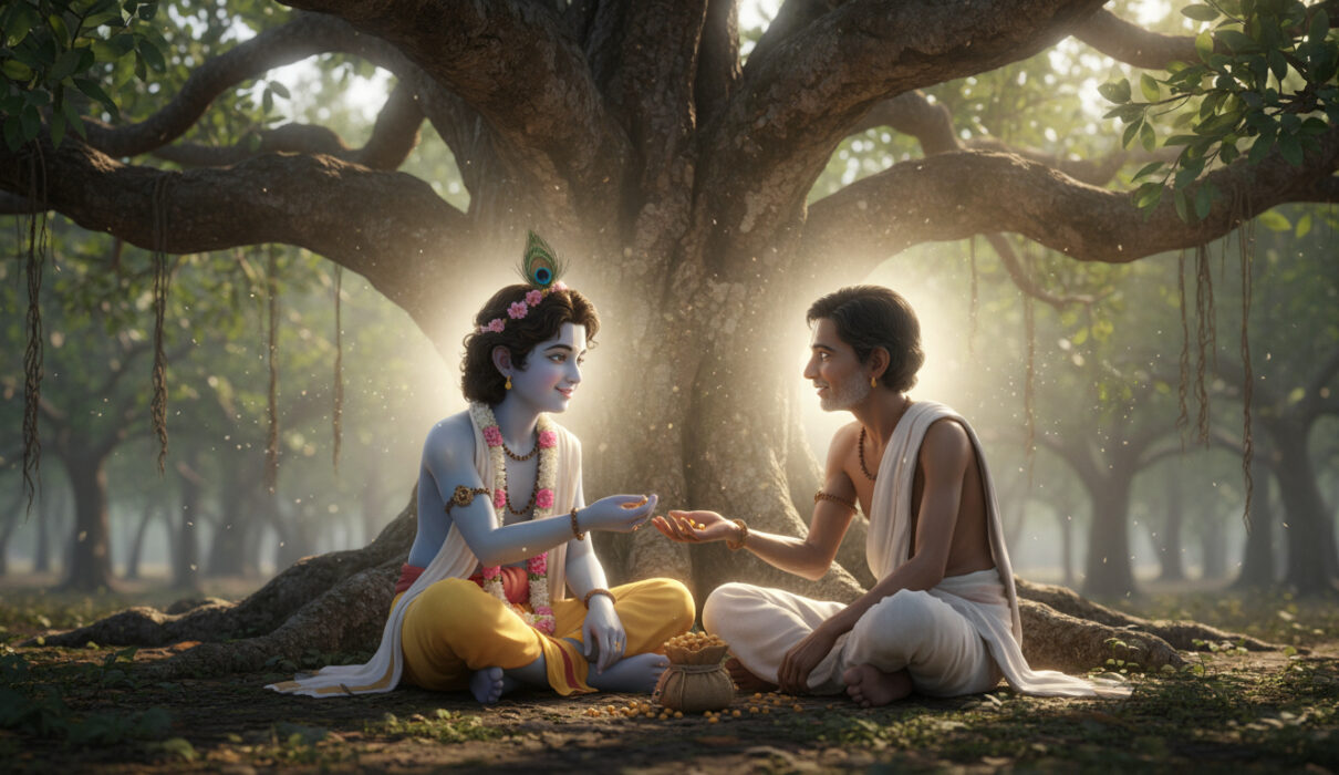 Sudama offering chana to Krishna in an Indian forest setting, showing divine friendship and sacrifice.