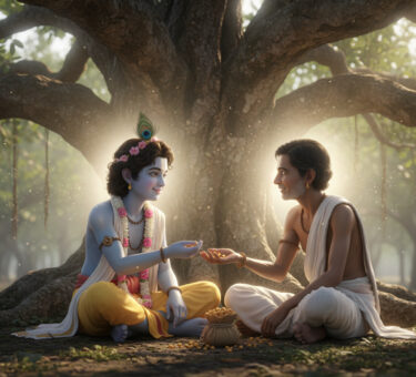 Sudama offering chana to Krishna in an Indian forest setting, showing divine friendship and sacrifice.