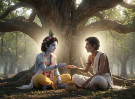 Sudama offering chana to Krishna in an Indian forest setting, showing divine friendship and sacrifice.
