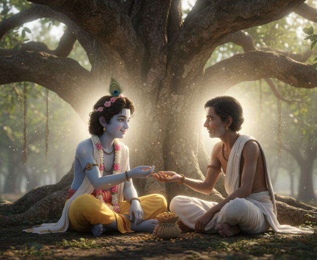 Sudama offering chana to Krishna in an Indian forest setting, showing divine friendship and sacrifice.