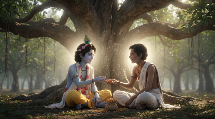 Sudama offering chana to Krishna in an Indian forest setting, showing divine friendship and sacrifice.