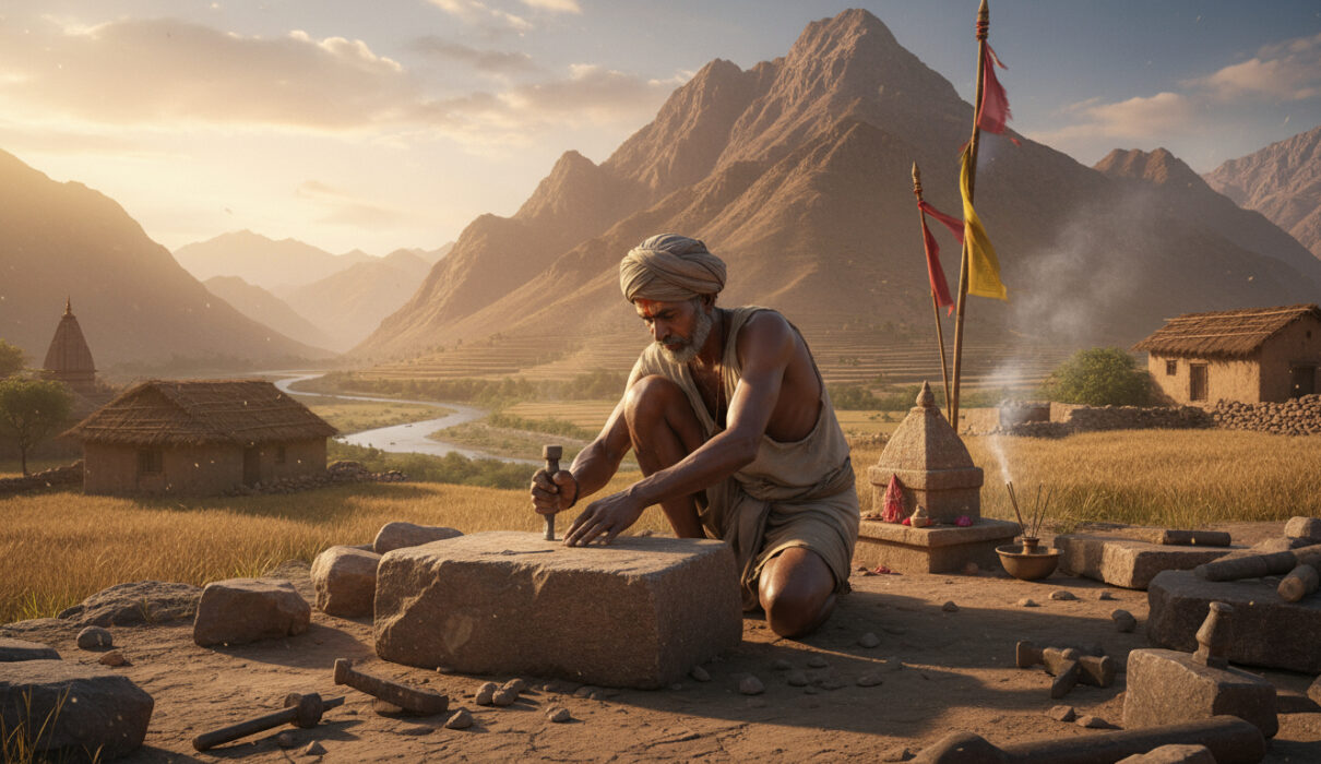 Indian stonecutter working beside a mountain, divine light shining from the sky, moral story on gratitude.