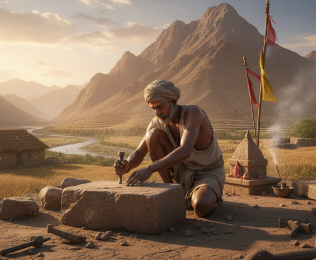 Indian stonecutter working beside a mountain, divine light shining from the sky, moral story on gratitude.