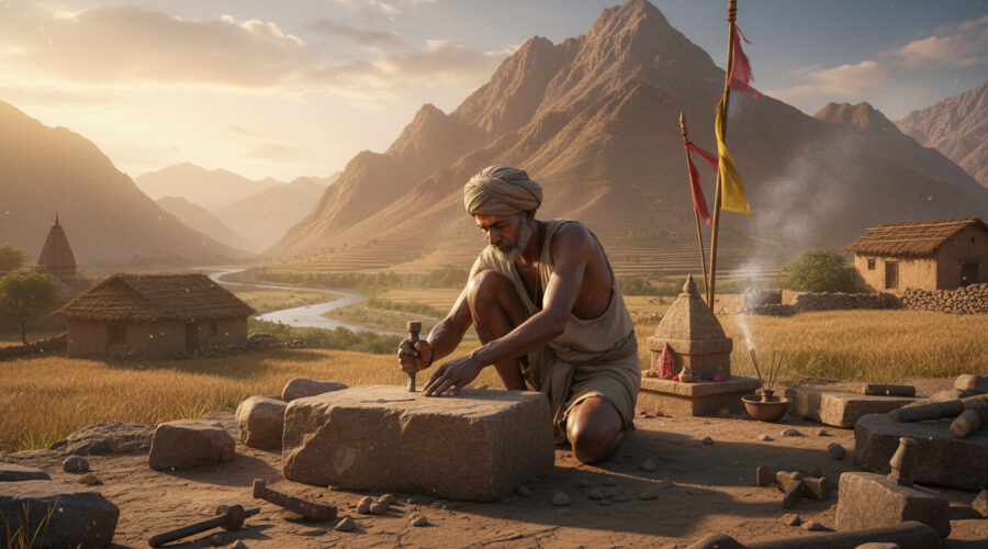 Indian stonecutter working beside a mountain, divine light shining from the sky, moral story on gratitude.