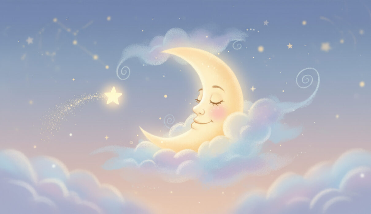 A sleepy moon smiling at a small twinkling star in the night sky, bedtime illustration for kids.