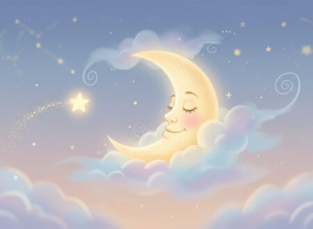 A sleepy moon smiling at a small twinkling star in the night sky, bedtime illustration for kids.